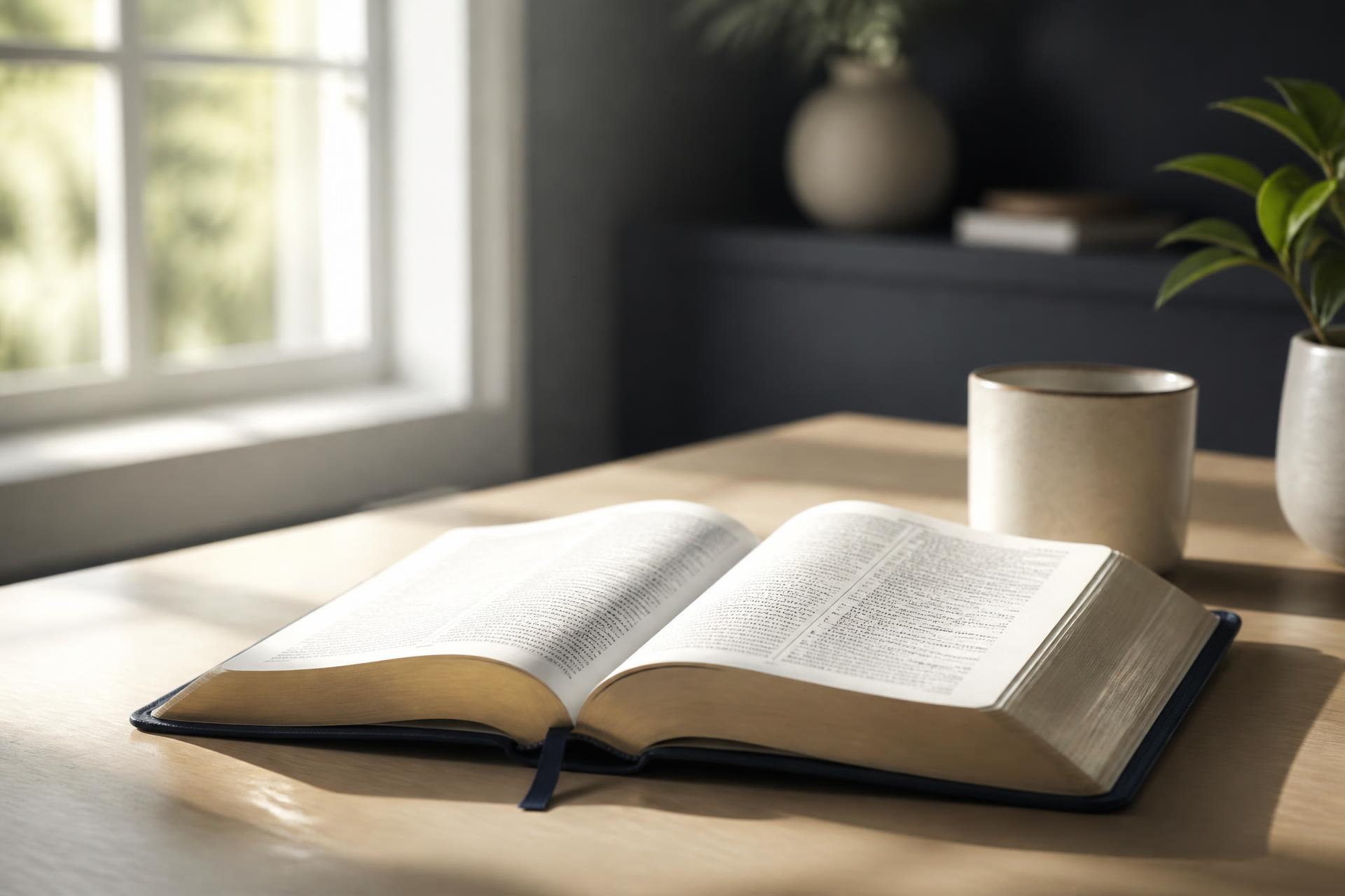 An open Bible resting in soft daylight