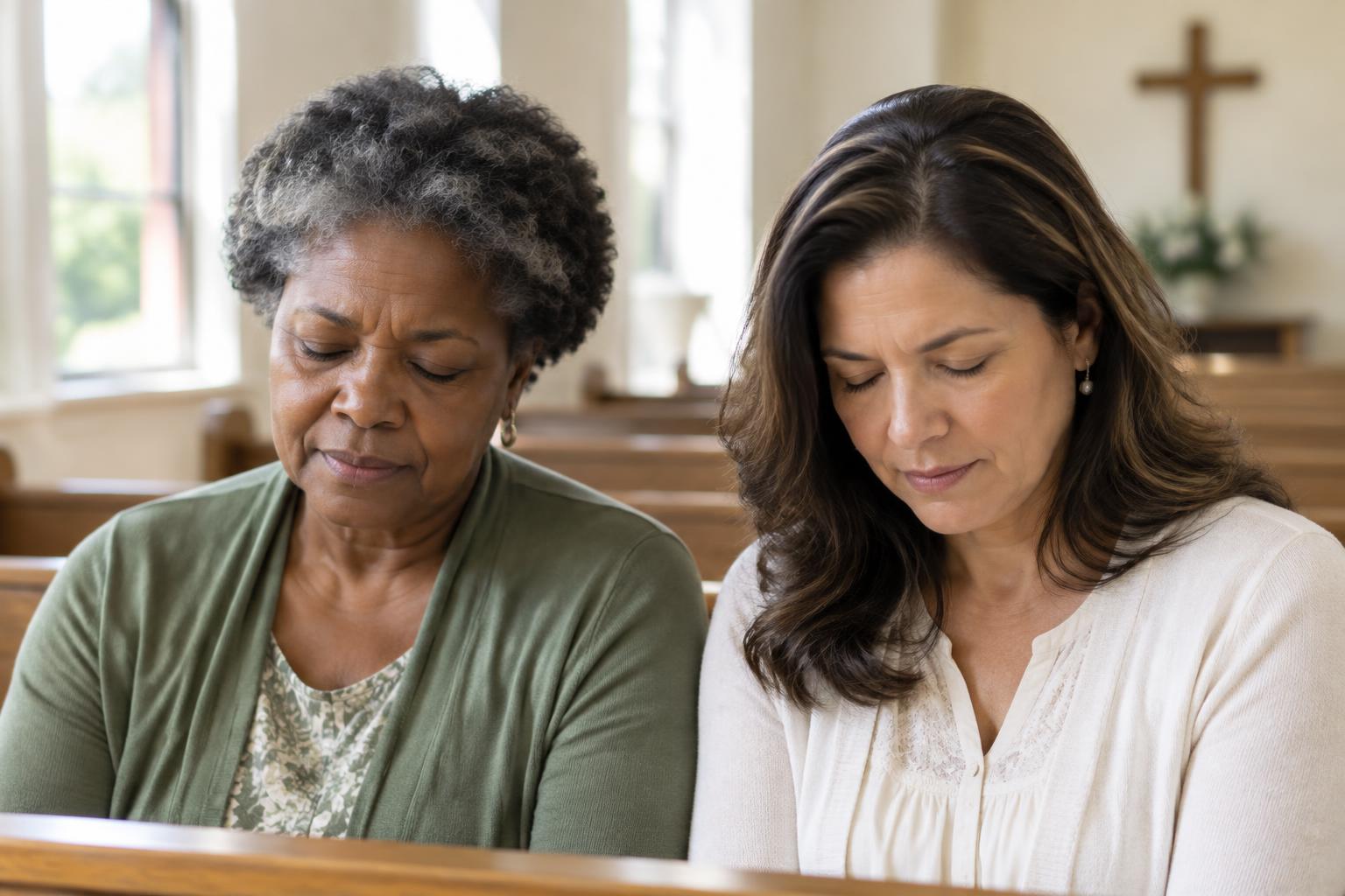 Two women praying quietly together in a sunlit church