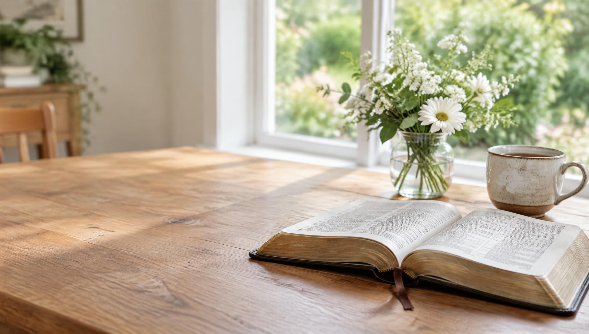 An open Bible, tea, and fresh flowers on a sunlit table