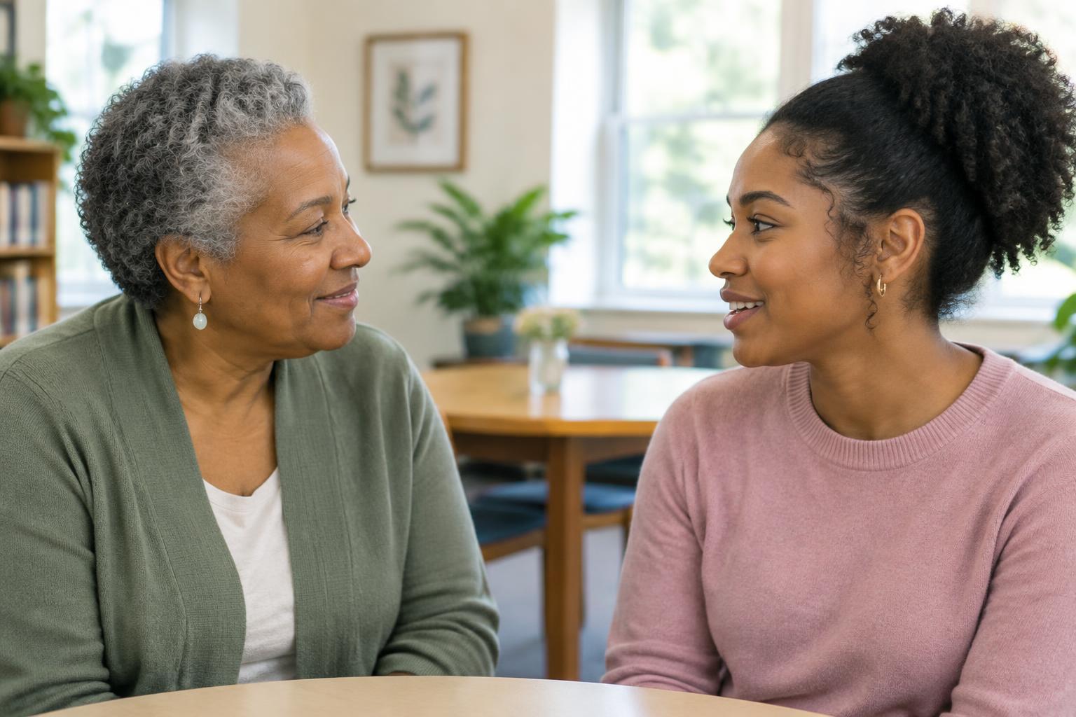 An older woman and a younger woman sharing a warm mentoring conversation